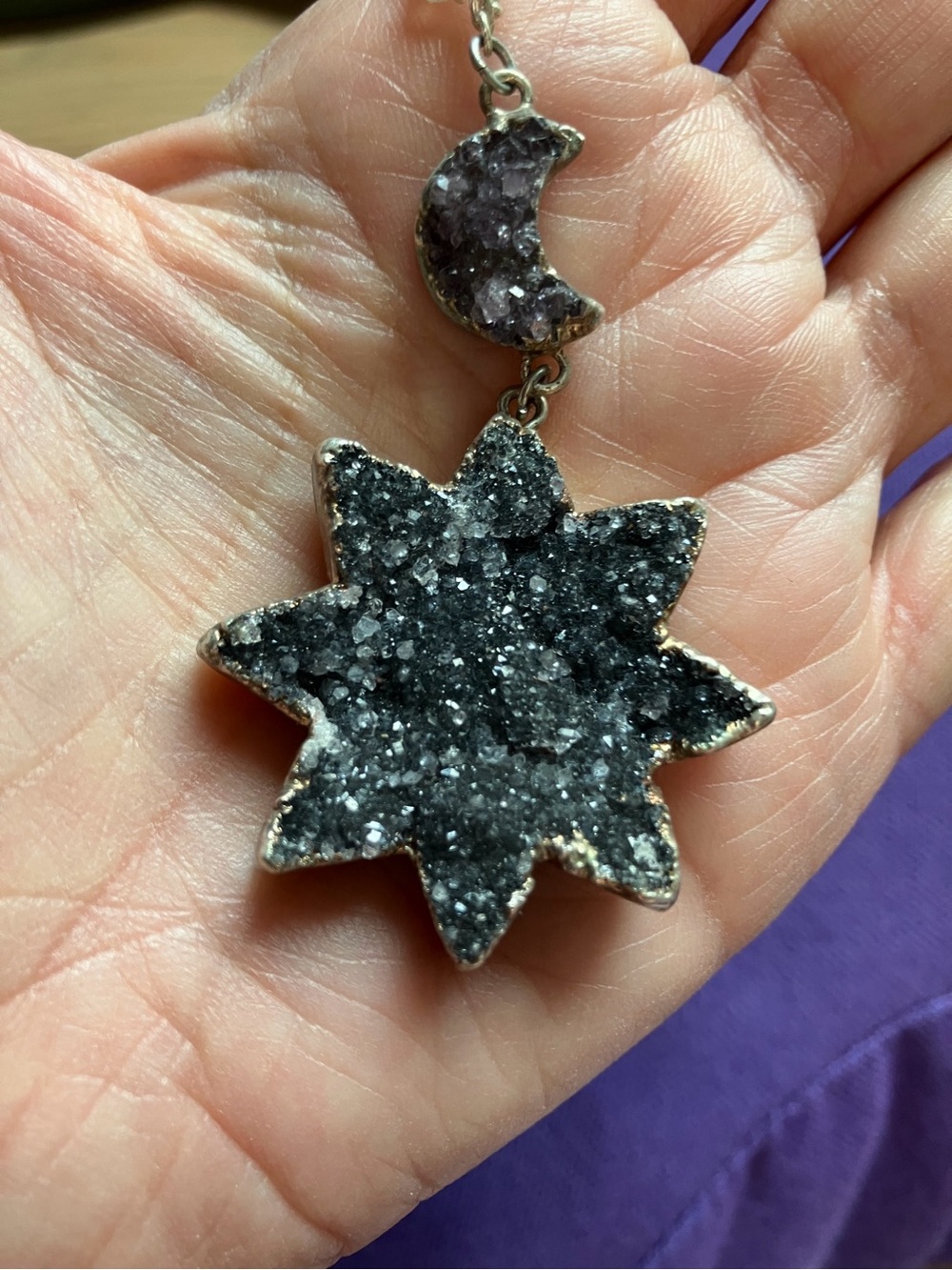 Black Druzy Star & Crescent Pendant Necklace - Women Jewelry